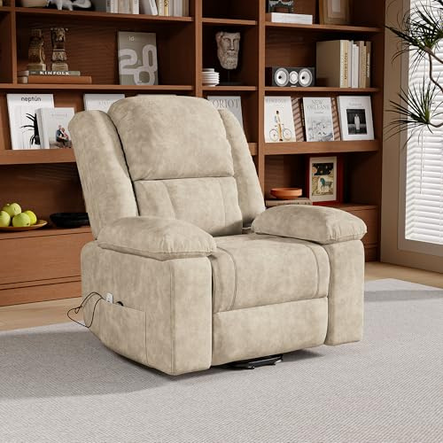 BursDany - Sillón eléctrico con función de masaje y calor, ayuda a la verticalización, reposapies, bolsillos, sillón de masaje para dormitorio, salón y cine en casa (Beige)