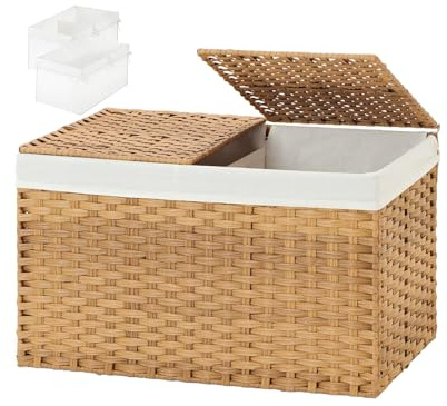 Cesto portaoggetti in vimini con 2 coperchi separati, baule in vimini da 180 l, con 2 fodere rimovibili, pieghevole, in rattan intrecciato, con manici, per camera da letto, lavanderia, naturale