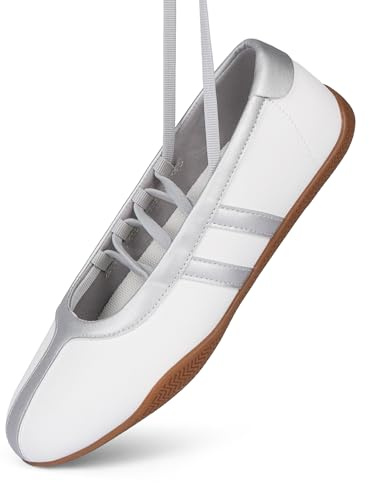 Tigeridea White Silver Sneakers for Women Business Casual Tennis Shoes White Silver Ballet Flats Mary Jane Shoes Women's Fashion Lace Up Sneakers Size 8.5