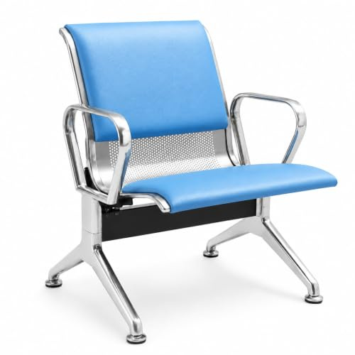 Modern Väntbänk i Läder med Ergonomiskt Vadderat Ryggstöd | Robust Besöksstol i Rostfritt Stål för Kontorsreception, Klinik, Lounge och Offentliga Utrymmen(Blue)