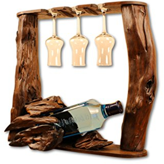 Kinaree Wurzelholz Flaschenhalter - Flaschenständer für 1 Flasche und 3 Gläser, für Wein, Likör oder Schnäpse - Geschenkidee für Geburtstag, Weihnachten oder Hochzeit