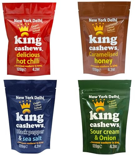 New York Delhi King Cashews, Selection Box 1 of each Hot Chilli, Salt and Pepper, Sour cream & onion, caramelised honey Oven Baked Cashew nuts, Vegan, Vegetarian & Gluten Free. 120g x 4 Packs