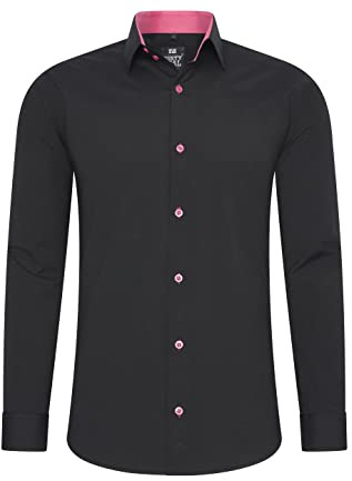 Rusty Neal Camicia da uomo Premium Slim Fit a maniche lunghe Stretch Grigio Colletto Kent Camicia Business Camicia Tempo Libero M, nero / rosa, 5XL
