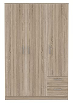 FORTE NIKO Schrank 120 130, Kleiderschrank, Drehtürenschrank Skandinavisch, 3-türig mit 2 Schubladen, Einlegeböden und Kleiderstange, Sonoma Eiche, 123 cm breit x 185 cm hoch x 53 cm tief