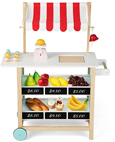 GLACER Ice Cream Cart for Kids - Wood Grocery Store Pretend Play with Making Counter, Produce Scale, Chalkboard, Bell, Wheels, Canopy, Portable Ice Cream Stand for Boys Girls (Red)
