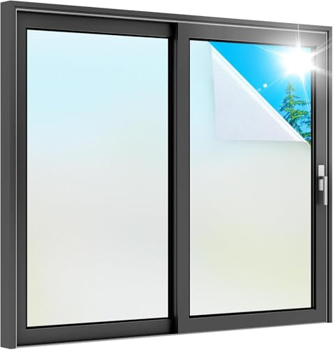 rabbitgoo Frosted Window Film Privacy with New Grid, Matt, 60x400cm | Opaque Stickers for Glass Doors Frosting No Glue Anti-UV Self Adhesive Sun Block Home Bathroom Office