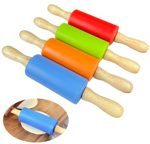 4 Stück Kinder Nudelholz, 22cm Kinder Teigrolle, Holzgriff Silikon Nudelholz, Tigrolle Kinder, Teigroller Kinder Geeignet für Erwachsene und Kinder Küche Eltern Kind Interaktion (Rot/Orange/Grün/Blau)