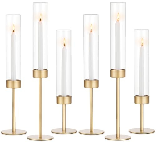Glass Hurricane Candlestick Holders Gold - Romadedi Set of 6 Taper Candle Holder Bulk Tall Clear Glass Cylinder Table Centerpiece Wedding Decor Party Birthday Christmas Home Decorations