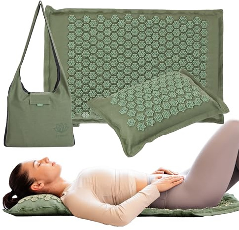 XTREXO Eco - Esterilla de acupresión ecológica con cojín de 40 x 30 cm en verde con tamaño de la alfombrilla 68 x 44 x 2 cm, de lino y PVC, para reducir la tensión, apoya el sueño