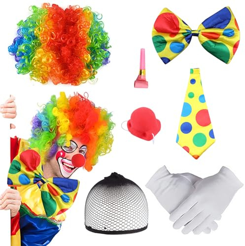 HTTDSLF 7Pièces Deguisement Clown, Ensemble de Costume de Clown: Perruque, Nez, Cravate, Nœud Papillon, Gants, Sifflet et Filet à Cheveux, Accessoires de Costume d'Halloween Cirque Cosplay de Carnaval