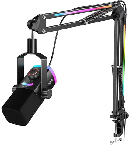 FIFINE Gaming Microphone Kit, XLR/USB Dynamic PC Microphone with Boom Arm for Podcast Recording, RGB Streaming Mic Set, Tap-to-Mute, Mix Control, Headphone Jack-AmpliGame AM8PROT