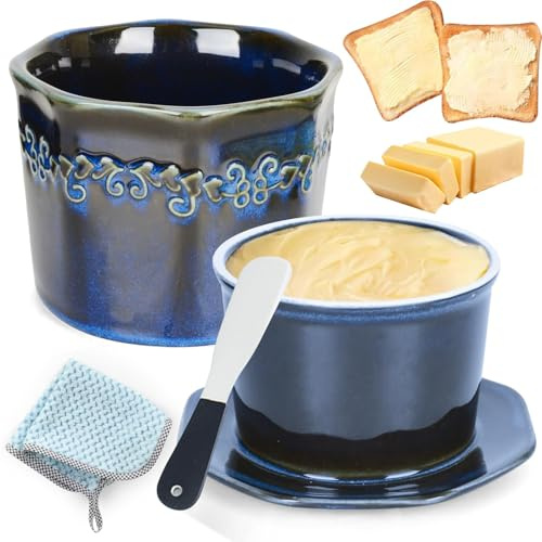Beurrier Eau, Ceramique Beurrier Français avec Couvercle, Design Vintage Porcelaine Cloche à Beurre avec Couteau à Beurre Chiffon, Pot Beurre pour Beurre Frais Tartinable, Cadeau Amis Mère