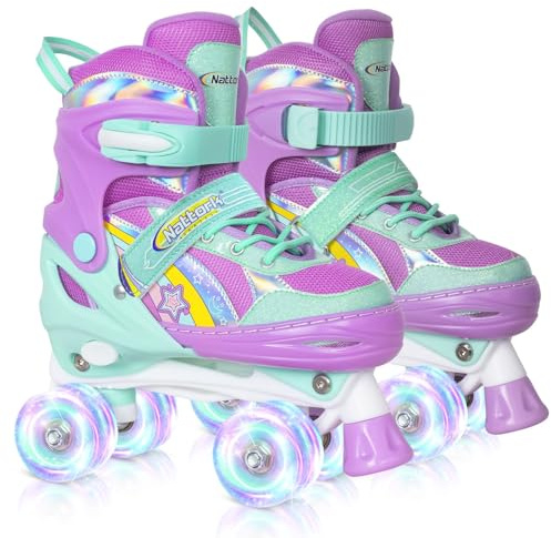 Nattork Patines de ruedas para niñas, 4 posiciones, ajustables, arco iris, el mejor regalo de cumpleaños para deportes al aire libre