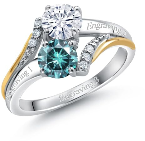 Gem Stone King Customized Personalized Engraved 2-Stone Engagement Ring for Women | 925 Silver and 10K Yellow Gold | 5MM Round Gemstone Birthstone and White Lab Grown Diamond | Size 5-9 | Size 6