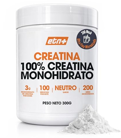 ETN+ Creatina Monohidrato 100% Micronizada 300 g | Creatina Pura 200 Mesh | 3 g por Dosis 100 Servicios | Vegana Sin Gluten Sin Azucar | Incluye Dosificador | Sin Sabor