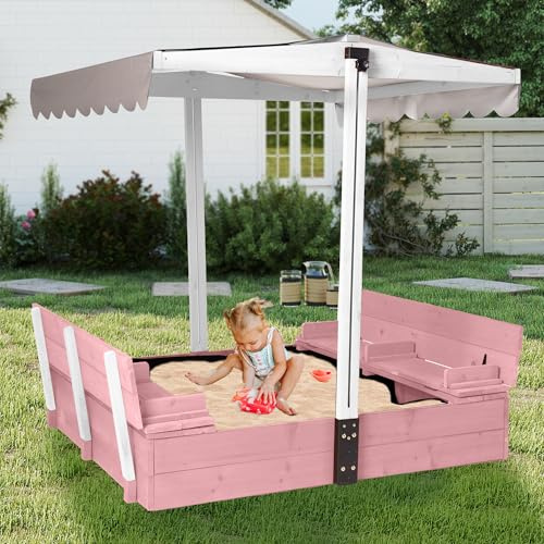 MEDEHOO Sandbox with Lid and Cover, Kids Outdoor Sandbox with 360° Adjustable & Waterproof Canopy, Sand Leak-Proof Liner, Sturdy Backyard Sandbox for Garden/Patio - Pink