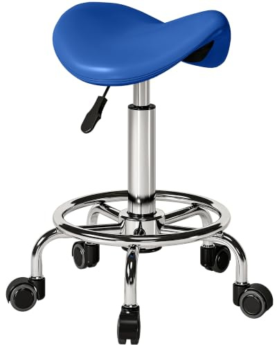 HOMCOM Saddle Stool PU Leather Adjustable Rolling Salon Chair for Spa Blue | Massage, Clinic, Beauty, Hairdressing, Tattoo