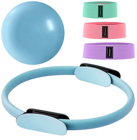 BREEZENEST Pilates Ring Set 14 Premium Magic Circle with Dual Padded Handles Includes 9 Anti-Burst Mini Ball 3 Resistance Bands (20/30/45 lbs) for Home Gym Pilates Equipment for Home