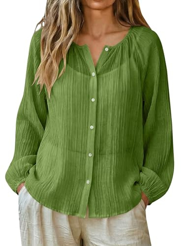 Générique Chemise Rose Femme - Chemisier Femme Été Léger en Coton et Lin, Blouse Unie Semi-Transparente à Manches Ballon, Haut Boutonné Vintage Décontracté Plage Vacances, Mode Bohème