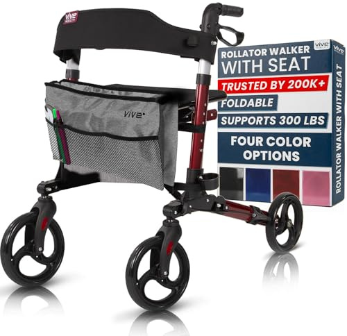 Vive Mobility Rollator Walker with Seat- Folding 4 Wheel Medical Rolling Walker with Bag - Mobility Aid for Adult, Senior, Elderly & Handicap - Aluminum Transport Chair