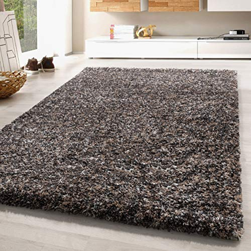 SIMPEX Wohnzimmer Teppich 140 x 200 cm Hochflor Taupe - Moderne Einfarbig Meliert Design - Schlafzimmer Pflegeleicht Extra Weich Flauschig - Carpet Living Room Deko