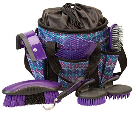 Weaver Equine Horse Grooming Kit, 7-Piece Horse Brush Set with Organizer Tote Bag, Hoof Pick, Comb, Sweat Scraper, Equine Tools for Daily Grooming, Purple Geo