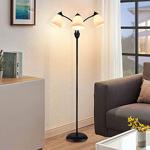 Depuley Lampadaire Sur Pied Salon de 3 Têtes, Lampadaire LED Lumières Chaud, 3 Lumières avec Lampe Réglable&Flexible Hauteur165cm, Abat-Jour Blanc en Métal Noir, Ampoule E27*3 NON Inclus