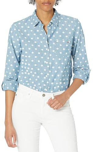 Tommy Hilfiger Women's Classic Long Sleeve Roll Tab Button Down Shirt (Standard and Plus Size), Chambray Blue, M