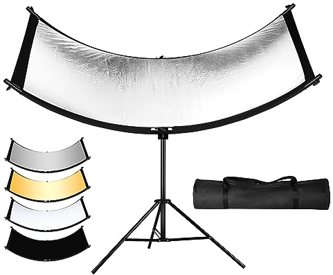 SUPON Difusor Reflector de Luz Clamshell con Bolsa de Transporte Reflector de Iluminación Curvo 180 * 60cm,4 en 1 Clamshell difusor para fotografía Estudio,Negro/Blanco/Dorado/Plateado(Sin Soporte)