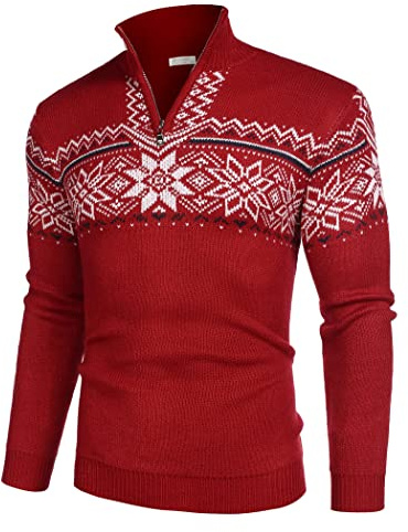 COOFANDY Casual 3/4 Zip Pullover for Mens Ribbed Turtleneck Sweater Christmas Knit (Red, Small)