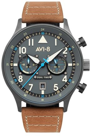AVI-8 Mens 43.5mm Hawker Hurricane Carey Dual Time Orissa Japanese Quartz Pilot Watch with Leather Strap AV-4088-04