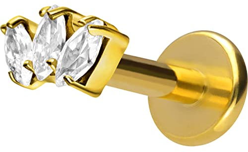 PIERCINGLINE Titan Labret mit Gewinde 3 Kristalltropfen Piercing Lippe Nase Ohr Helix Goldfarben 1,2 x 5 mm
