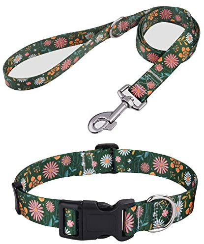 Mihqy Dog Collar and Leash Set, for Large Dogs, Green Floral Set,L | with Floral Patterns, Adjustable for Small Medium Large Dogs, Comfortable for Walks and Outdoor Hikes
