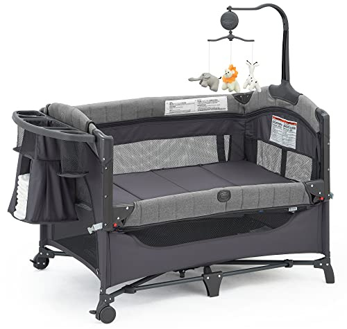 QUTANIX Baby Bedside Bassinet Sleeper,5-in-1 Pack and Play with Full-Size Bassinet,Baby Playard with Changing Table,Storage Shelf,Music Mobile with Soft Toys for Newborn to Toddlers (Grey)