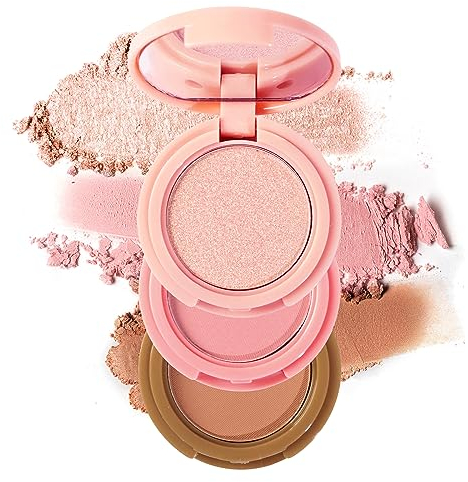 Erinde Highlighter, Bronzer & Blush Powder Palette, Matte Shimmer Powder Make-up, Gesichtspalette mit Spiegel All in One, mischbar, reisefreundlich, tierversuchsfrei, 3 Farben