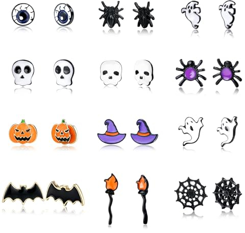 YADOCA Hypoallergene Halloween Ohrringe - Damen & Teenager - Gruselige Ohrstecker mit Kürbis, Katze, Spinne, Fledermaus & Geist
