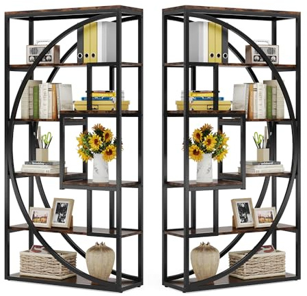 Tribesigns Industrial Bookcase, 180 cm Height, 5-Tier Vintage Brown Shelf with 8 Open Compartments, Sturdy Shelf Unit for Living Room/Home Office (Pack of 2)