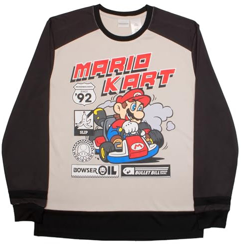 Nintendo Super Mario Bros Mario Kart Drift Herren Langarm T-Shirt Hockeytrikot Stil, Grau/Schwarz, Mittel