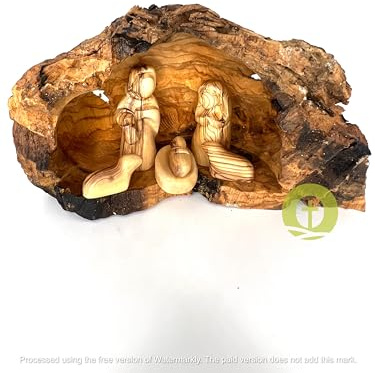 Holy Land Nativity Scene, Olive Wood Nativity Carved Inside an Olive Tree Branch, Nativity Christmas Decorations, Holy Family Nativity Set, Wooden Manger Scene (Figurines and Cave)…
