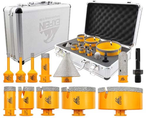 EXFEIN Diamond Tile Hole Saw Kit 12pcs - Diamond Core Drill Bits 6/6/8/19/25/35/50/75/102mm for Tile Porcelain Ceramic Marble with 20mm Finger Bit and 50mm Chamfer Bit Trimming Holes and SDS Adapter
