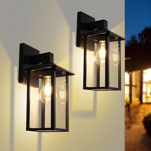 EBION Wandleuchte aussen, Wandlampe aus Aluminium Druckguss in Schwarz und klarem Glas, Modern Terrassenbeleuchtung, IP44 Wasserdicht Außen Wandleuchte, E27 (ohne Leuchtmittel) 1-Packung