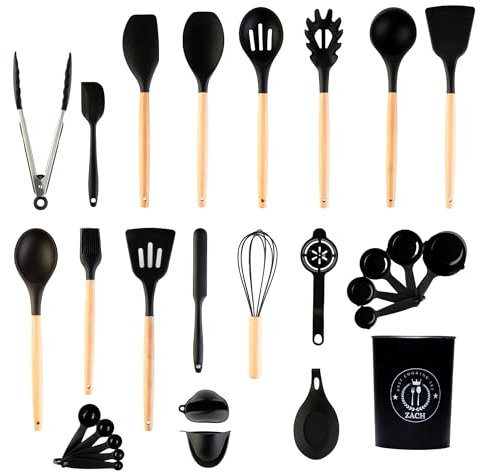 ZACH Silicone Kitchen Utensils Set with Holder, 26 Pieces Non-Stick Heat Resistant Cooking Utensil Set with Wooden Handle - Cookware Spoons Turners Tongs Ladle Spatula Set, Kitchen Accessories (Black)