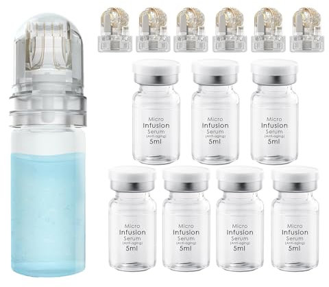 Système d’Infusion Microneedling, Hydra Roller 0,25 mm avec 6 Têtes Remplaçables & 7 Ampoules Sérum 5 ml, Kit de Soin Beauté Visage à Domicile