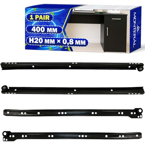 1 Paire Glissiere pour Tiroir 400mm H20 mm x 0,8 mm - Noirs Coulisse Tiroir à Rouleaux Ont une Extension Partielle de 313 mm - Garantie de 10 Ans - MONTERAL