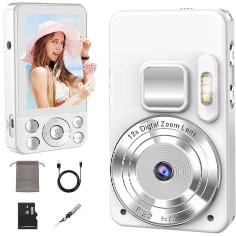 4K Fotocamera Digitale, 64MP Fotocamera Compatta con Autofocus e Zoom Digitale 18X, Schermo da 2,8, Registrazione Loop & Webcam, con Scheda SD da 32GB, Ideale per Vlog, Viaggi & Principianti