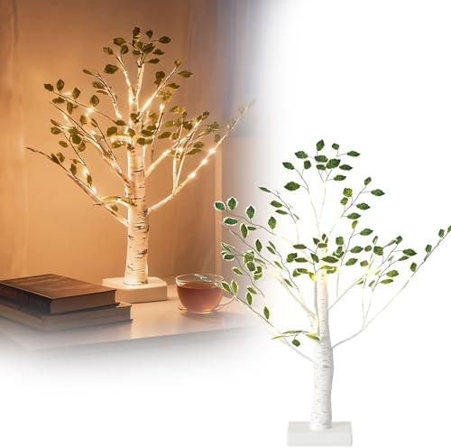 UISEBRT LED-träd, 60 cm ljusträd med konstgjorda blad och 24 varma vita LED-lampor, USB/batteridriven, mini julgransbord för jul, vår, inomhusdekoration
