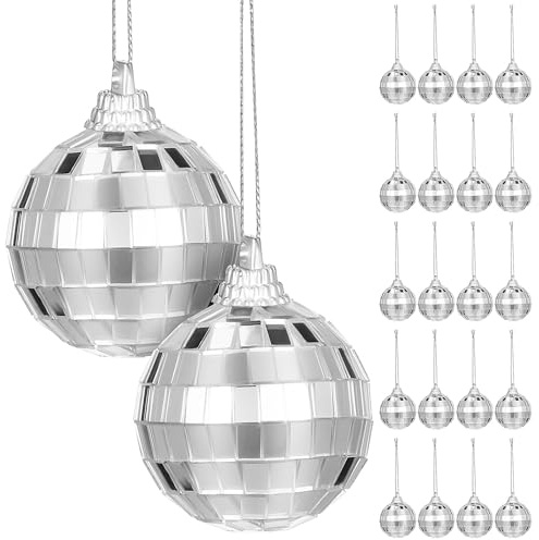 HAMPPLIES 24 pezzi Palle da Discoteca Natalizie Argento Specchiate con Anello per Appendere Decorazioni Riflettenti per Albero di Natale Feste e Matrimoni Indoor Outdoor