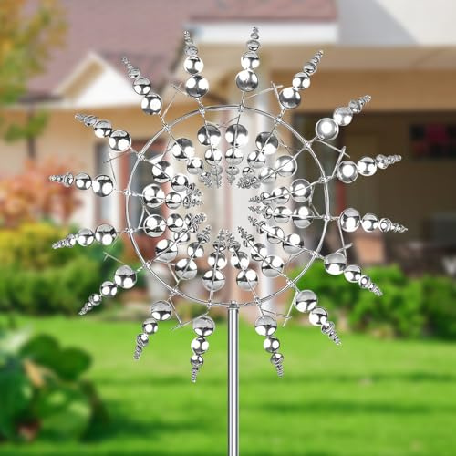 Mulino a Vento in Metallo, Girandola a Vento da Giardino Unico e Magico, 3D Wind Spinner con Paletto da Giardino, Spinner da Giardino All'aperto per Terrazze, Prato (Argento)
