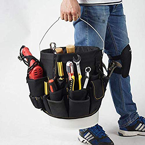 Riuulity Organizador de Cubo para Herramientas de Jardinería Resistente y Resistente con 56 Bolsillos para Inspectores de Línea de Albañiles y herreros (Black)