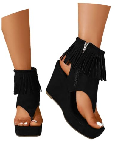 MEECHI Botas Sandalias De Verano con Cremallera Sandalias Separadora De Dedos Retro Mujer con Flecos Chanclas De Cuña con Plataforma Zapatos De Oficina De Ante con Punta Cuadrada(Black,42 EU)